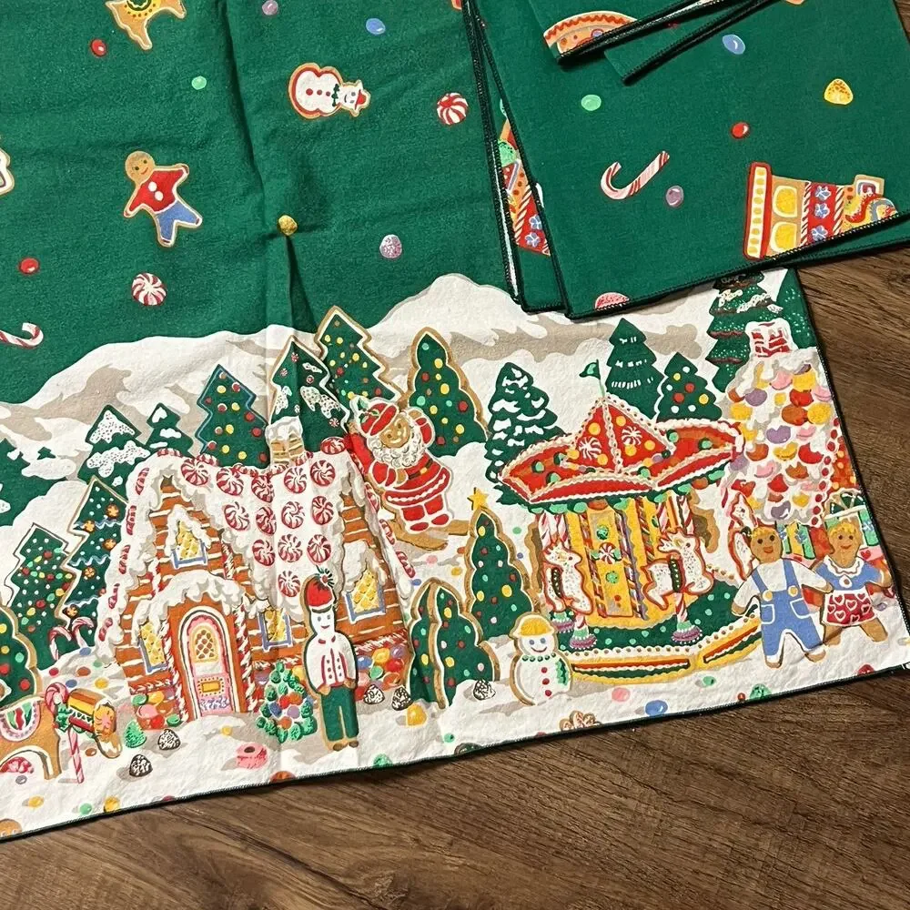 Vintage 1980s Gingerbread House Green Red Tablecloth & Napkin Set 47x52